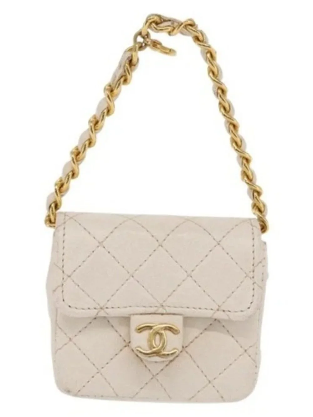 CHANEL Matelasse Key Holder Lamb Skin White Gold CC Auth bs33121